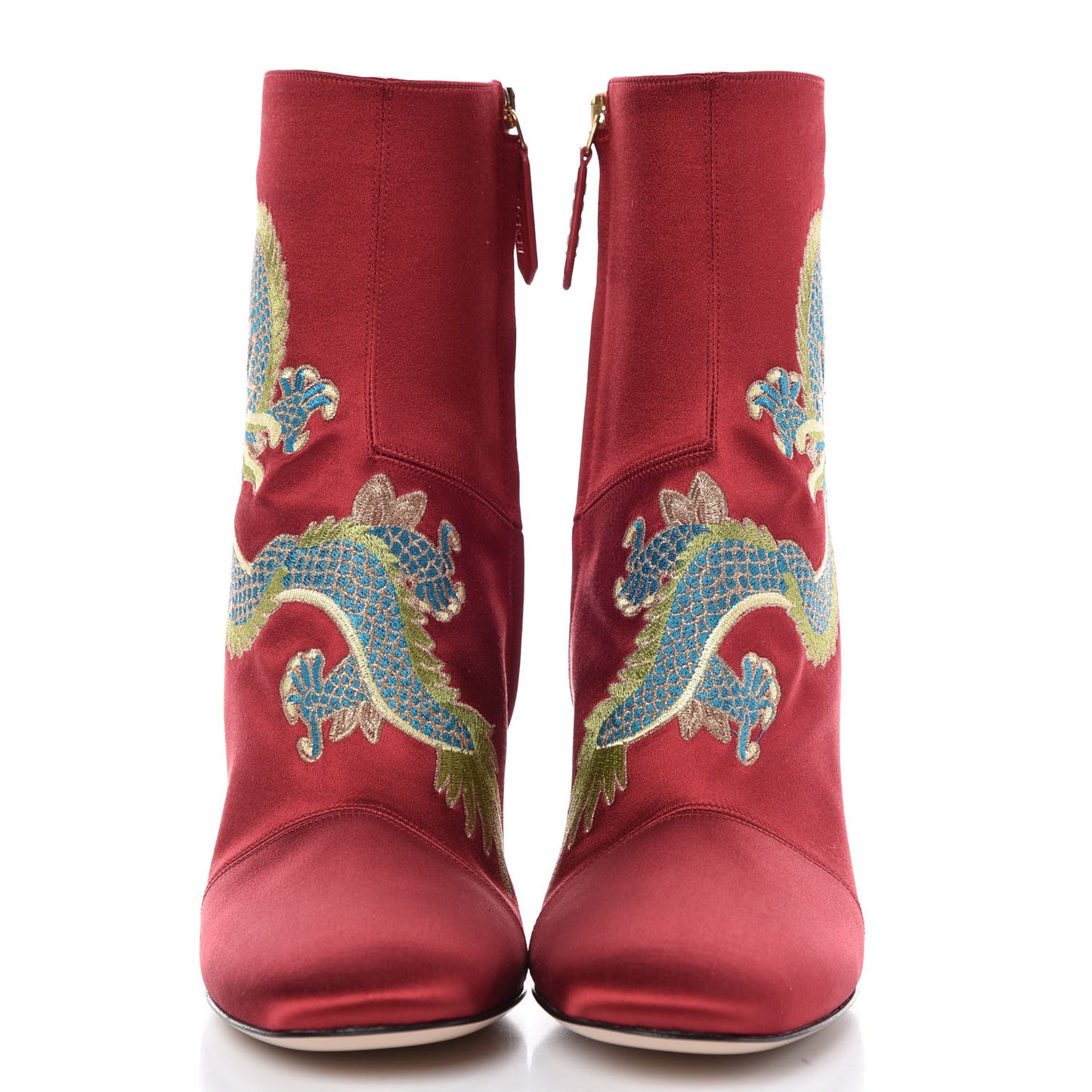Silk Satin Malaga Kid Embroidered Candy Dragon Block-Heel Ankle Boot 38.5 Hibiscus Red
