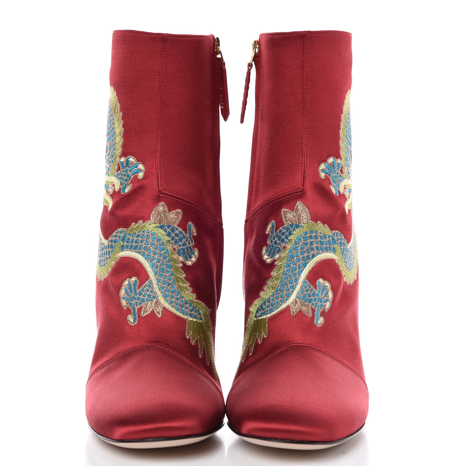 Gucci Silk Satin Malaga Kid Embroidered Candy Dragon Block-Heel Ankle Boot 38.5 Hibiscus Red 4 of 13