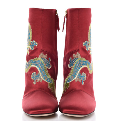 Gucci Silk Satin Malaga Kid Embroidered Candy Dragon Block-Heel Ankle Boot 38.5 Hibiscus Red 4 of 13