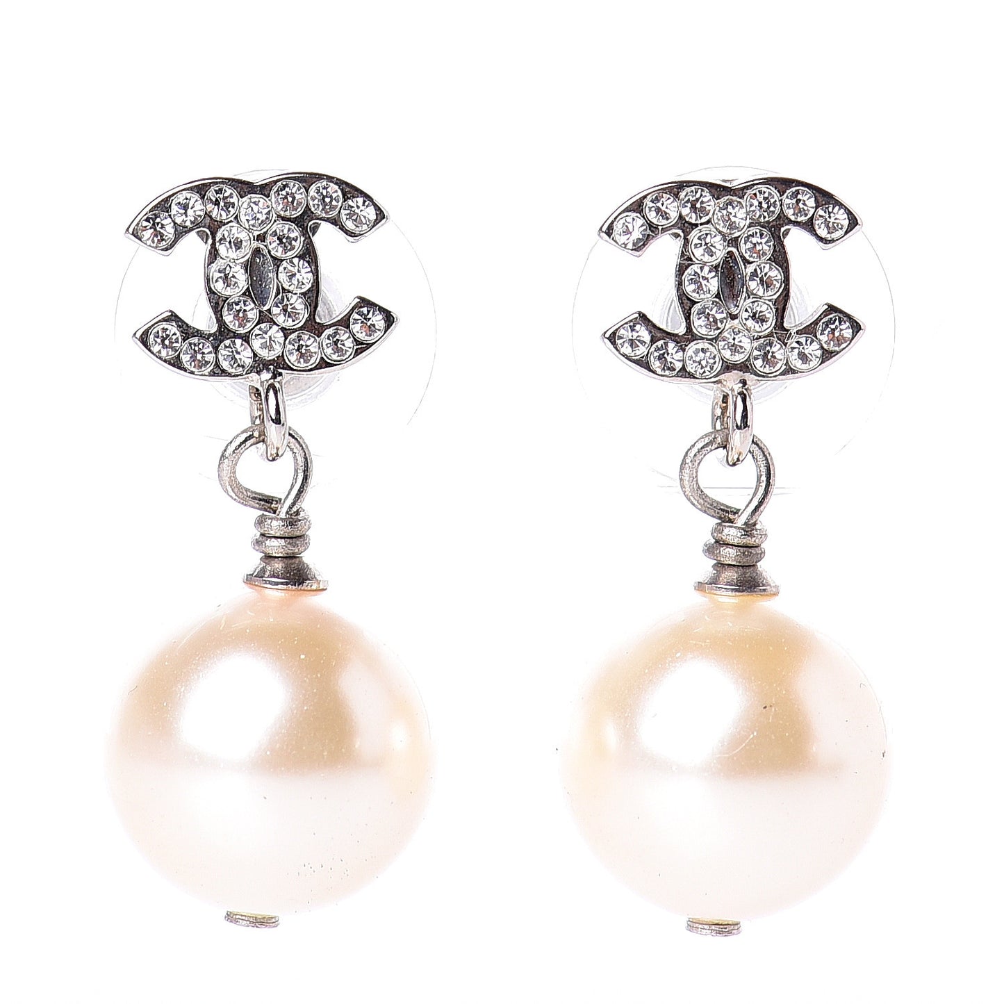 Crystal Pearl CC Drop Earrings Silver Pearly White