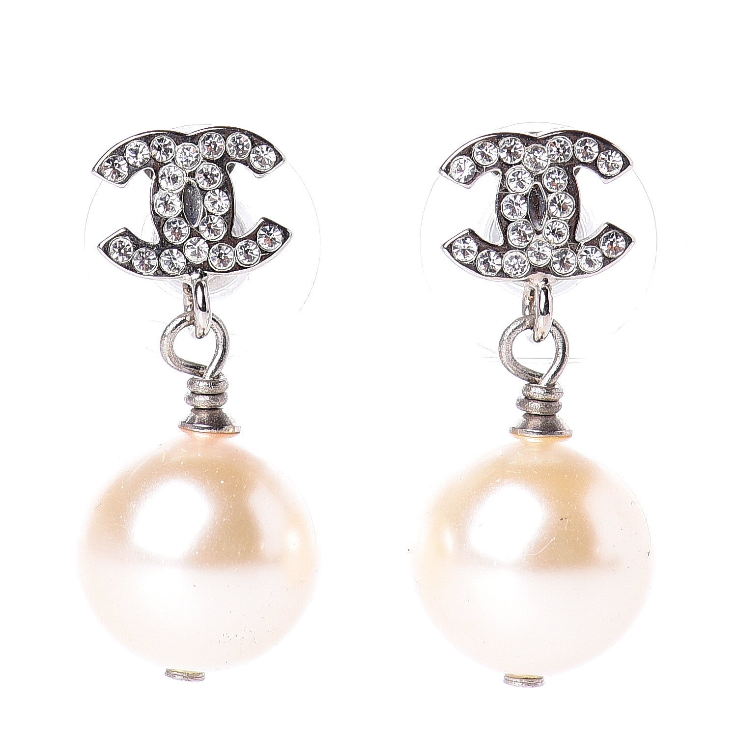 Chanel Crystal Pearl CC Drop Earrings Silver Pearly White 1 of 4