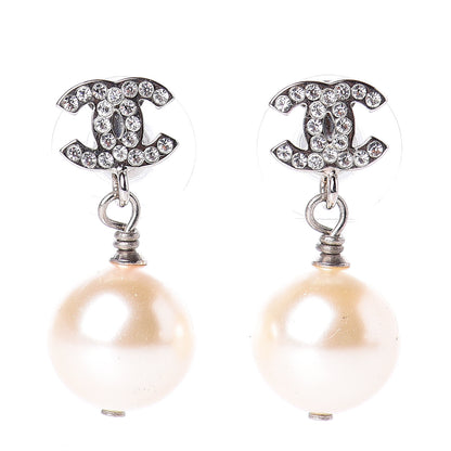 Chanel Crystal Pearl CC Drop Earrings Silver Pearly White 1 of 4