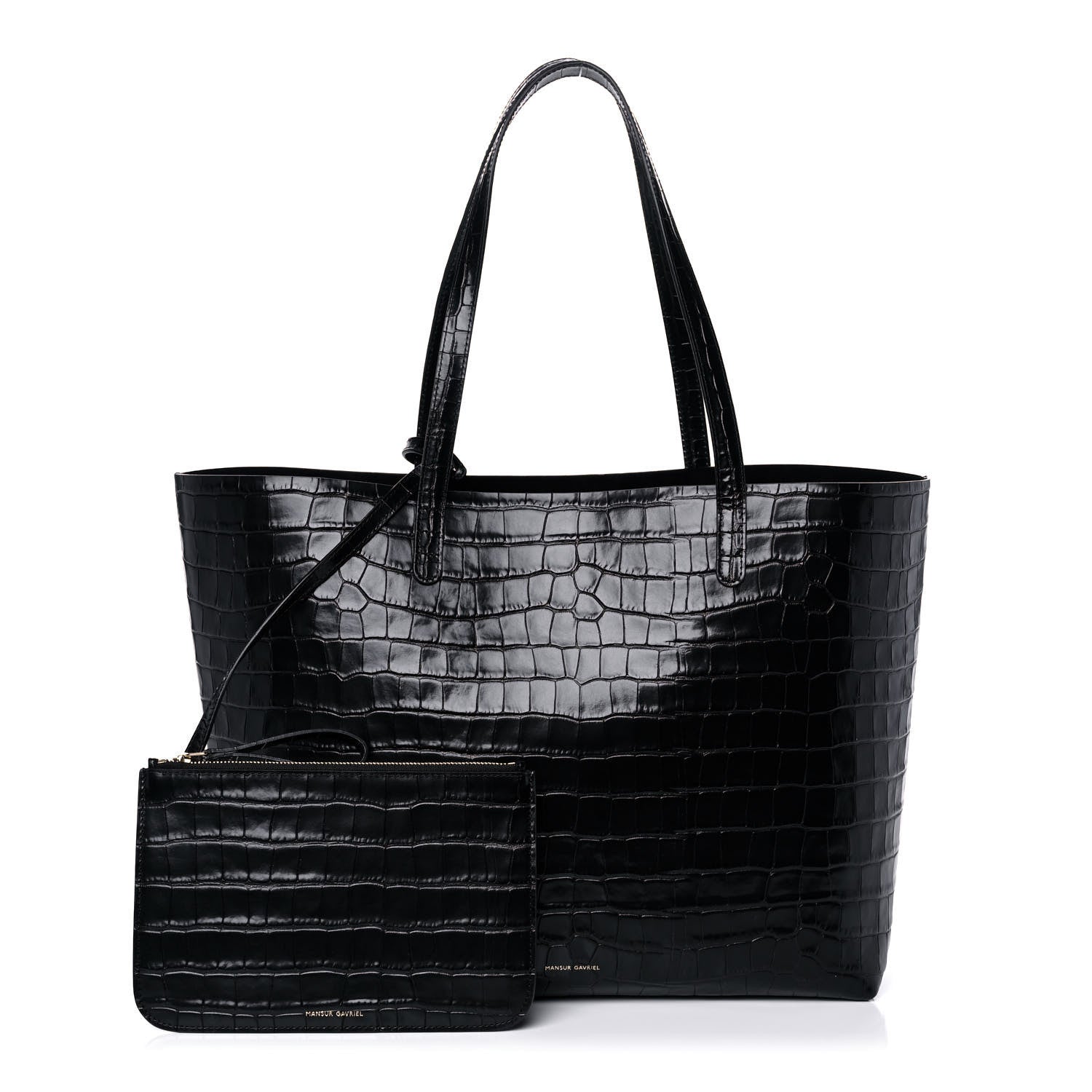 Mansur Gavriel Calfskin Crocodile Embossed Large Shopping Tote Black 1 of 12