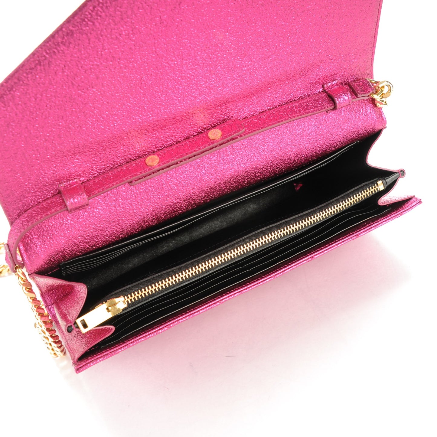 Metallic Crackled Calfskin Matelasse Chevron Monogram Chain Wallet Fuchsia
