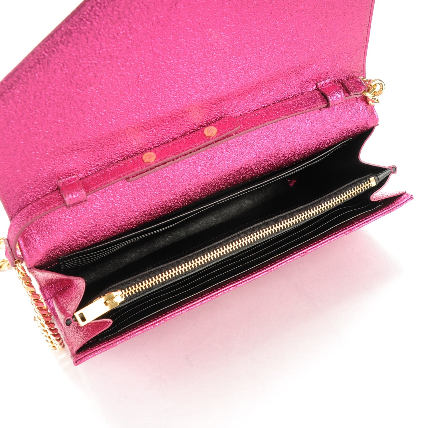 Saint Laurent Metallic Crackled Calfskin Matelasse Chevron Monogram Chain Wallet Fuchsia 5 of 6