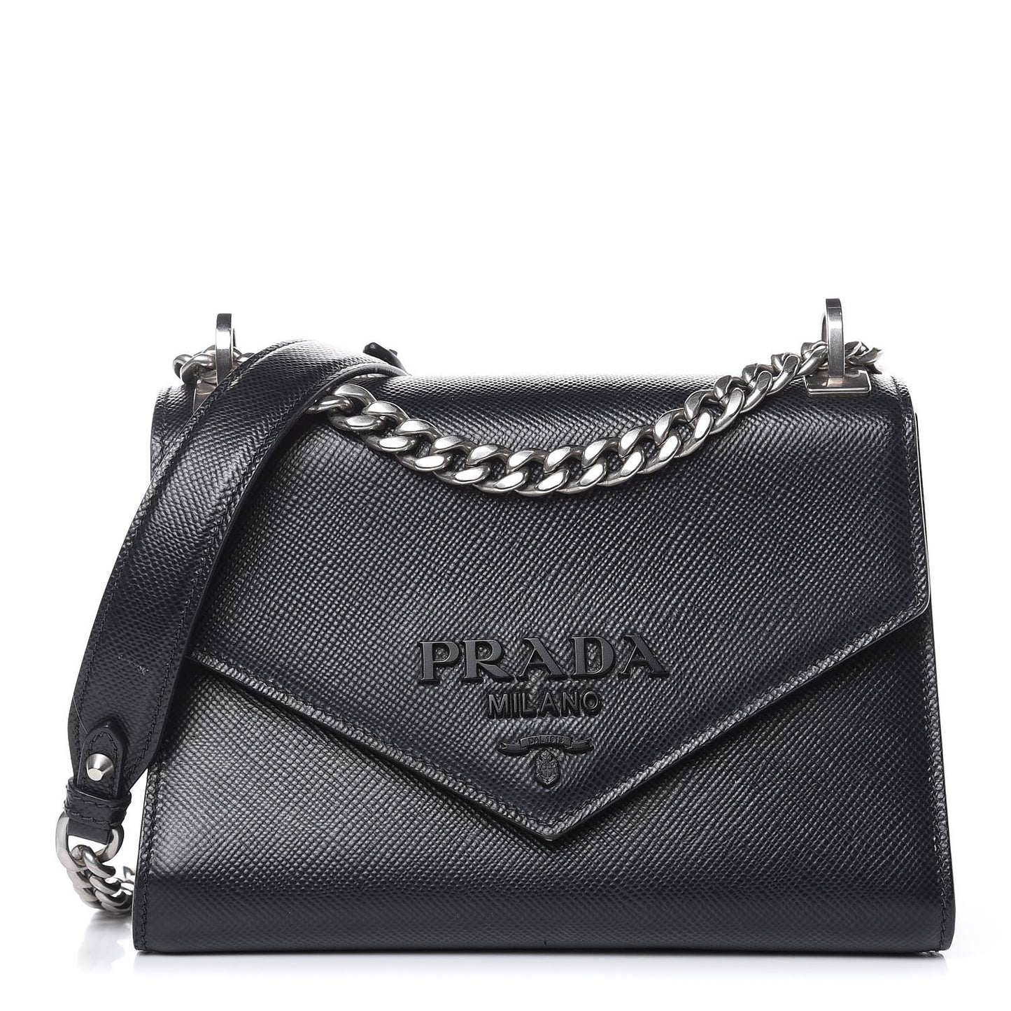 Saffiano Cuir Calfskin Monochrome Envelope Flap Chain Shoulder Bag Black