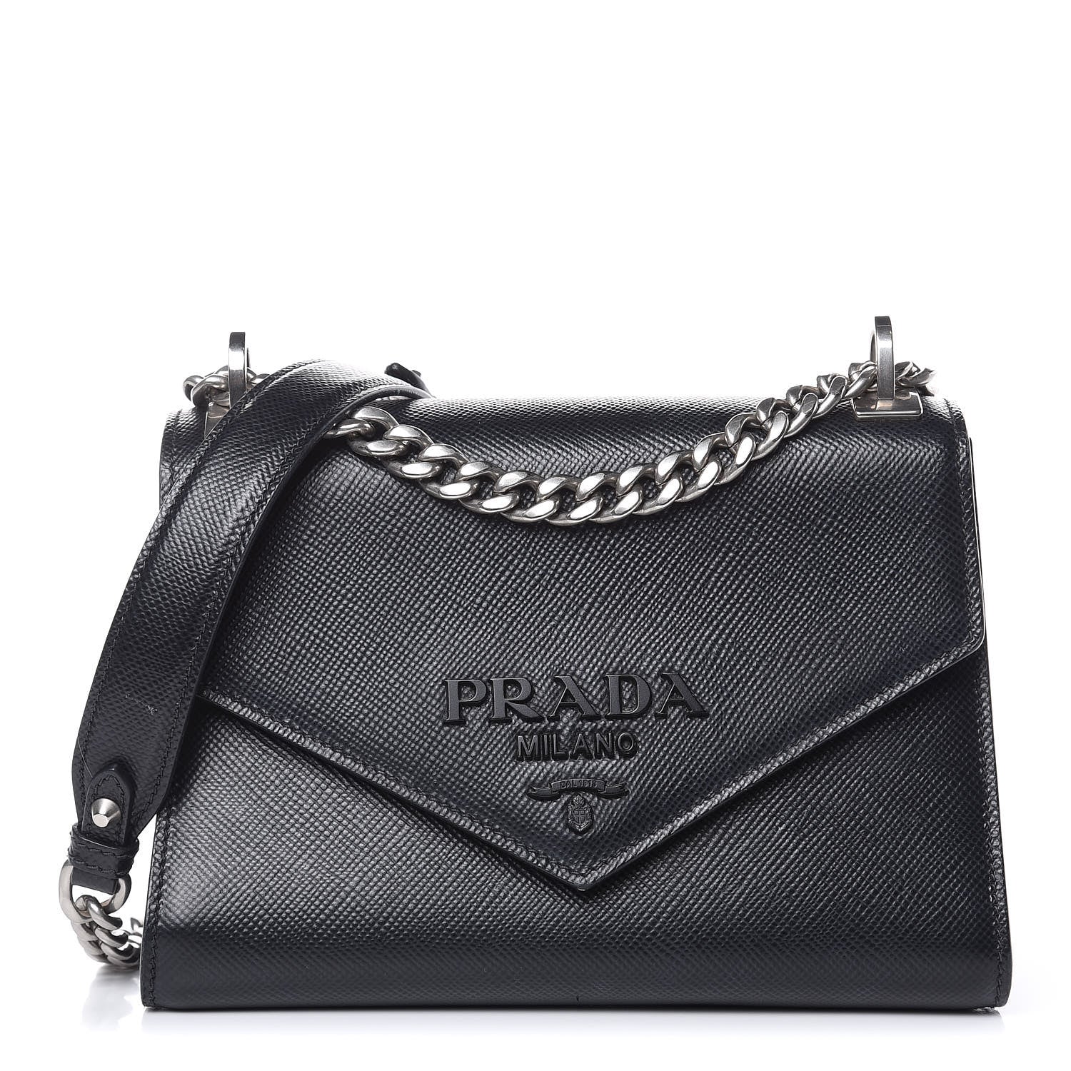 Prada Saffiano Cuir Calfskin Monochrome Envelope Flap Chain Shoulder Bag Black 1 of 18