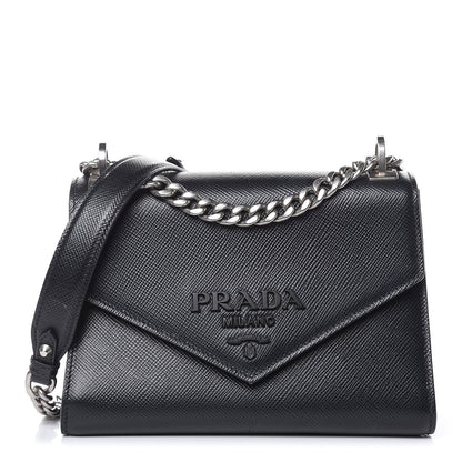 Prada Saffiano Cuir Calfskin Monochrome Envelope Flap Chain Shoulder Bag Black 1 of 18