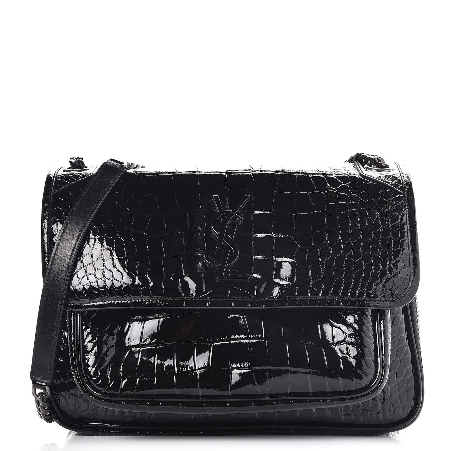 Patent Crocodile Embossed Lambskin Monogram Medium Niki Chain Satchel Black