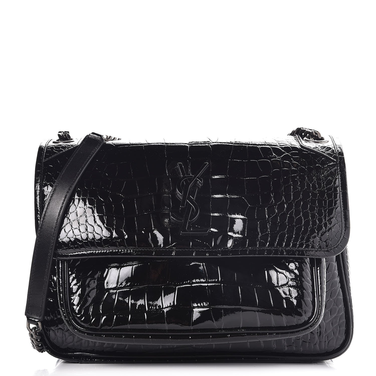Saint Laurent Patent Crocodile Embossed Lambskin Monogram Medium Niki Chain Satchel Black 1 of 7