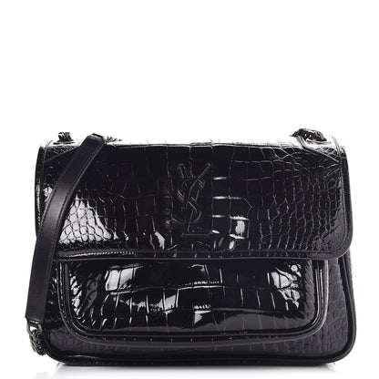 Saint Laurent Patent Crocodile Embossed Lambskin Monogram Medium Niki Chain Satchel Black 1 of 7