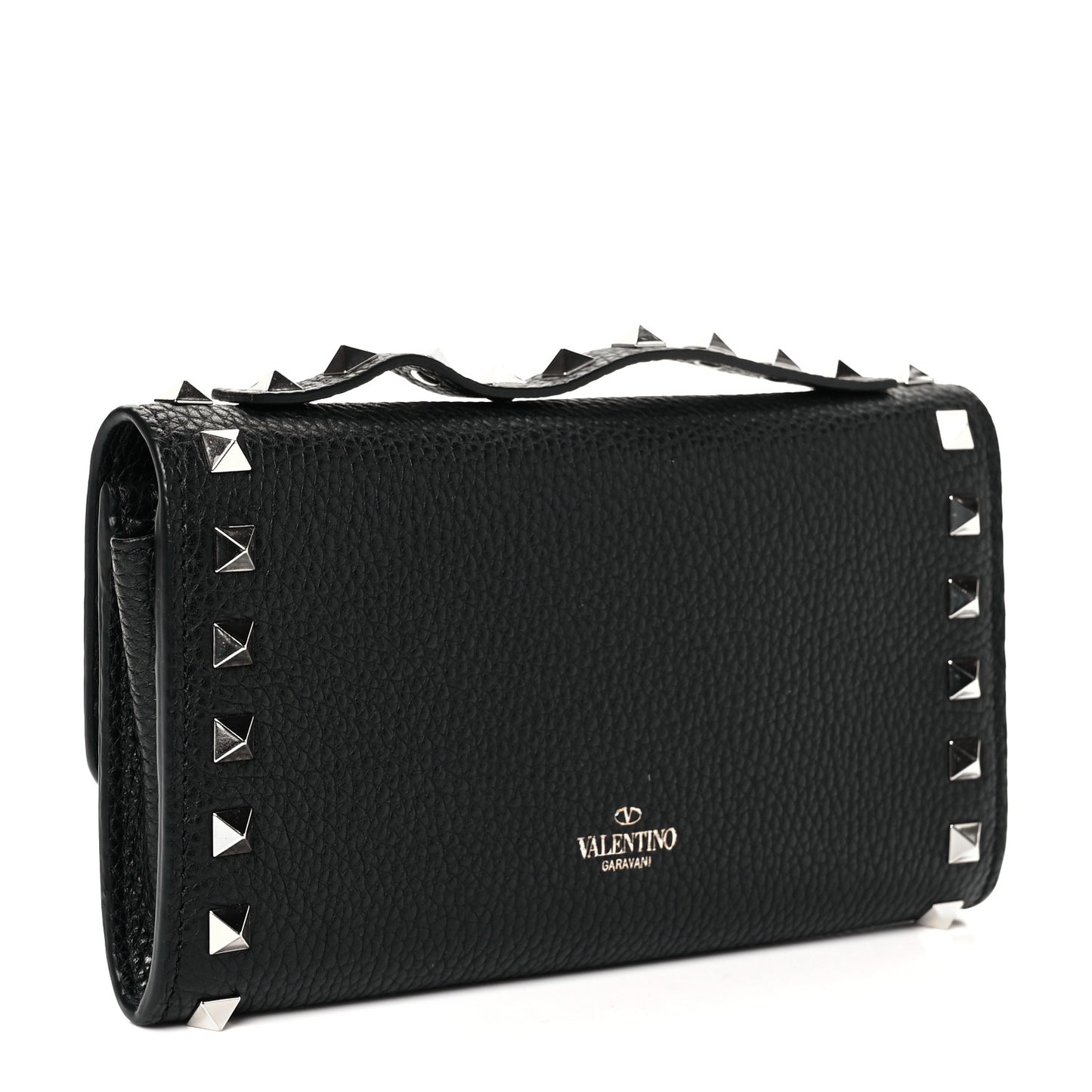 Pebbled Calfskin Rockstud Flip Lock Wallet On Chain Black