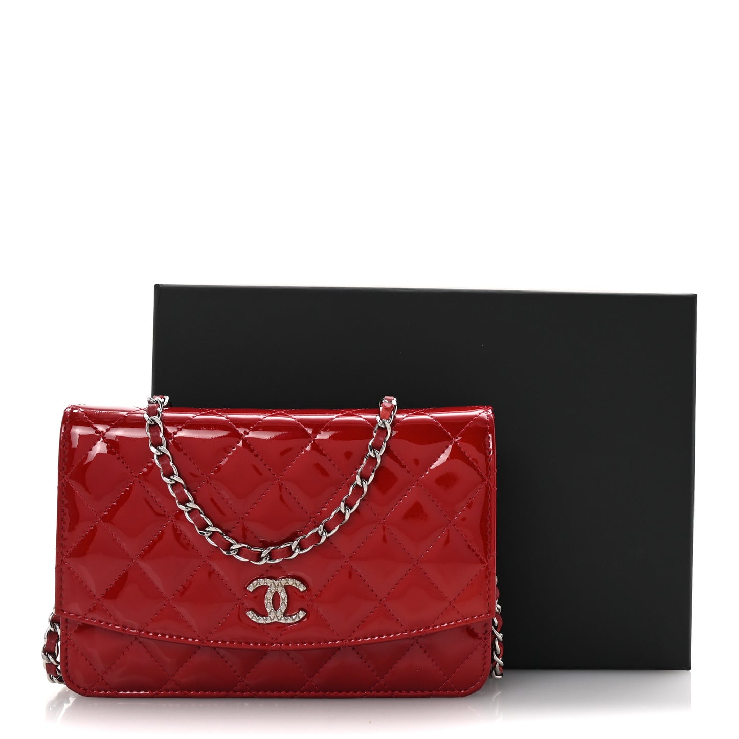 Patent Quilted Brilliant Wallet On Chain WOC Red