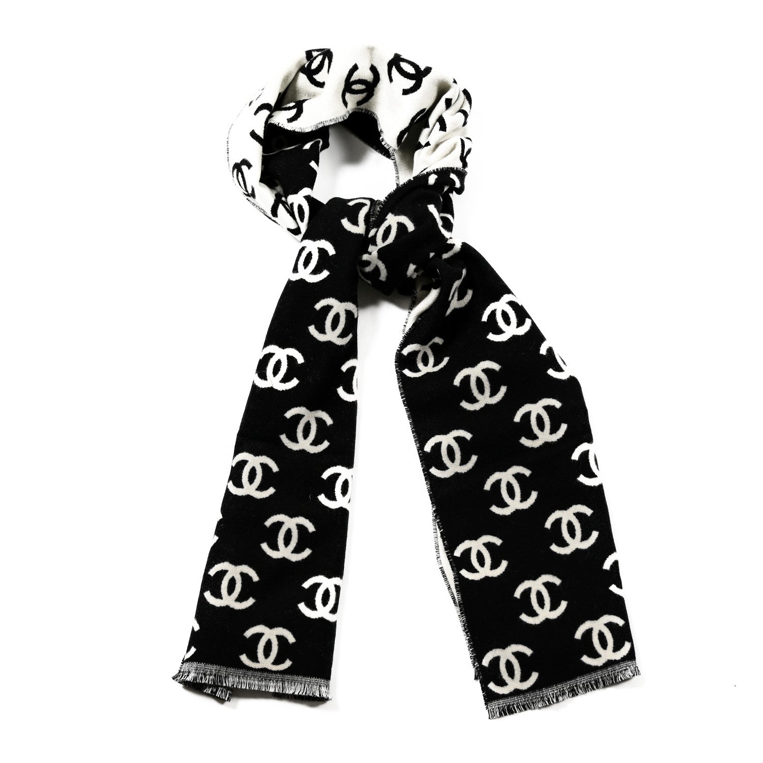 Chanel Wool Cashmere CC Scarf Black White 1 of 3
