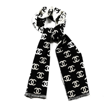 Chanel Wool Cashmere CC Scarf Black White 1 of 3