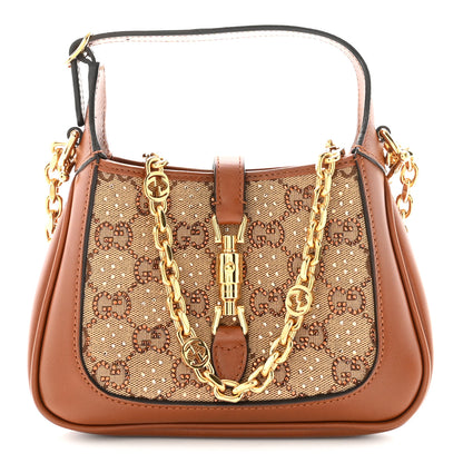 Gucci New Canvas Charisma Calfskin Crystal GG Monogram Mini Jackie 1961 Hobo Camel Ebony 1 of 9