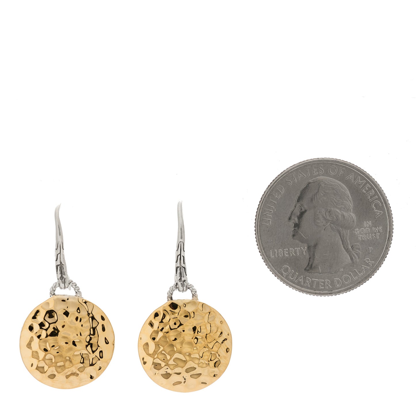Sterling Silver 18K Yellow Gold Hammered Disc Drop Earrings