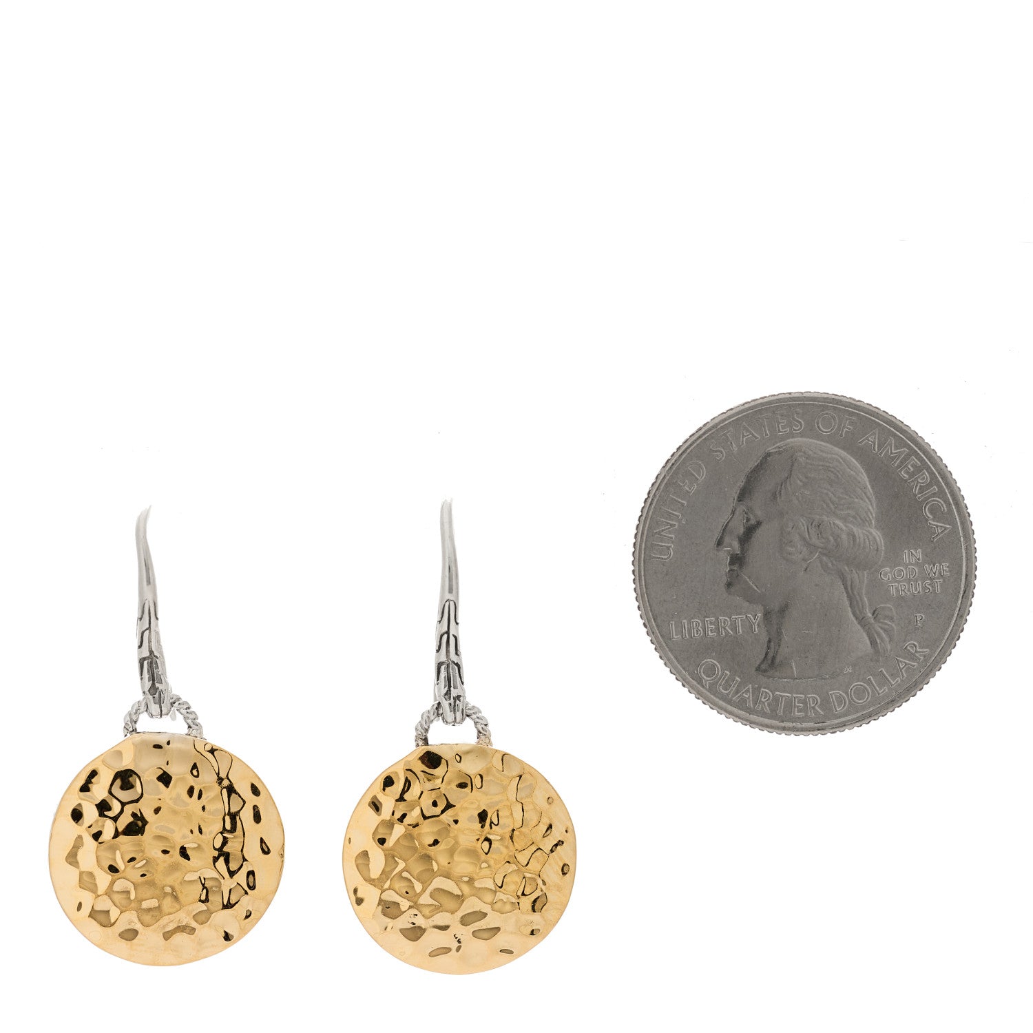 John Hardy Sterling Silver 18K Yellow Gold Hammered Disc Drop Earrings 2 of 4