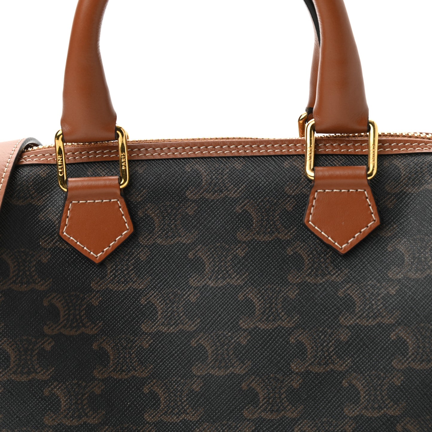 Triomphe Canvas Calfskin Small Boston Bag Tan