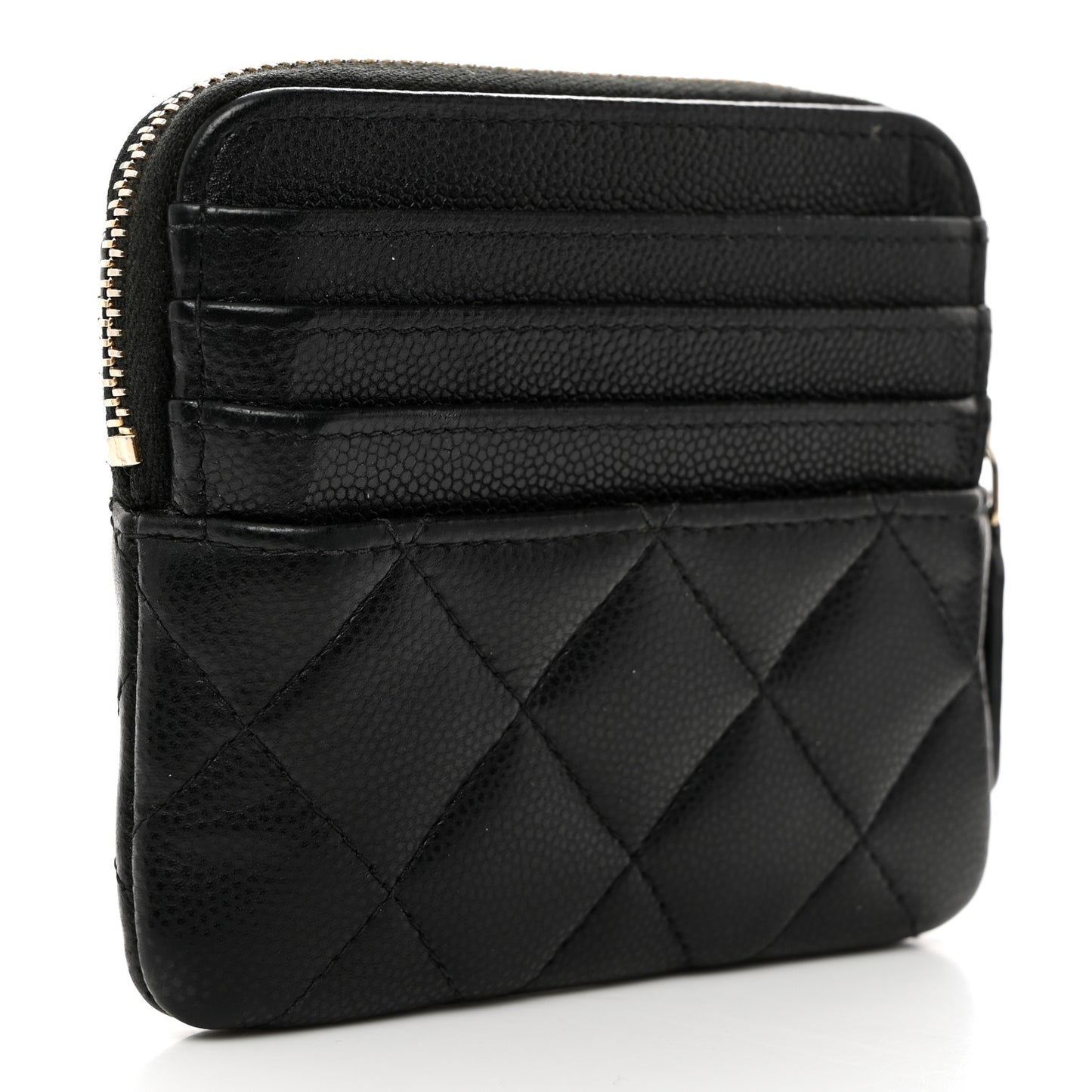 Caviar Quilted Crystal Zip Card Holder Wallet Black