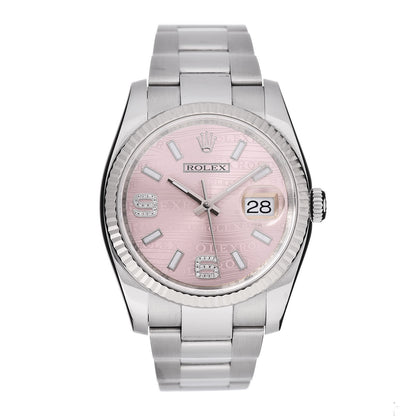 Rolex Stainless Steel 18K White Gold Diamond 36mm Oyster Perpetual Datejust Watch Pink Wave 116234 1 of 6