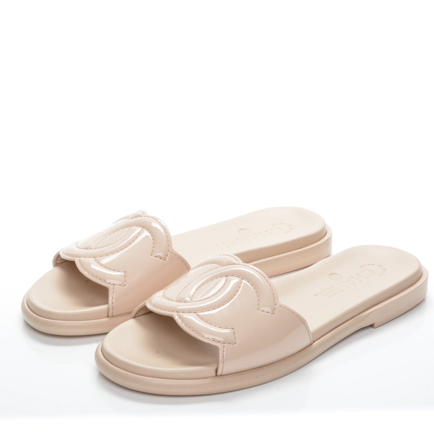 Patent Calfskin CC Slip On Mules 39 Beige