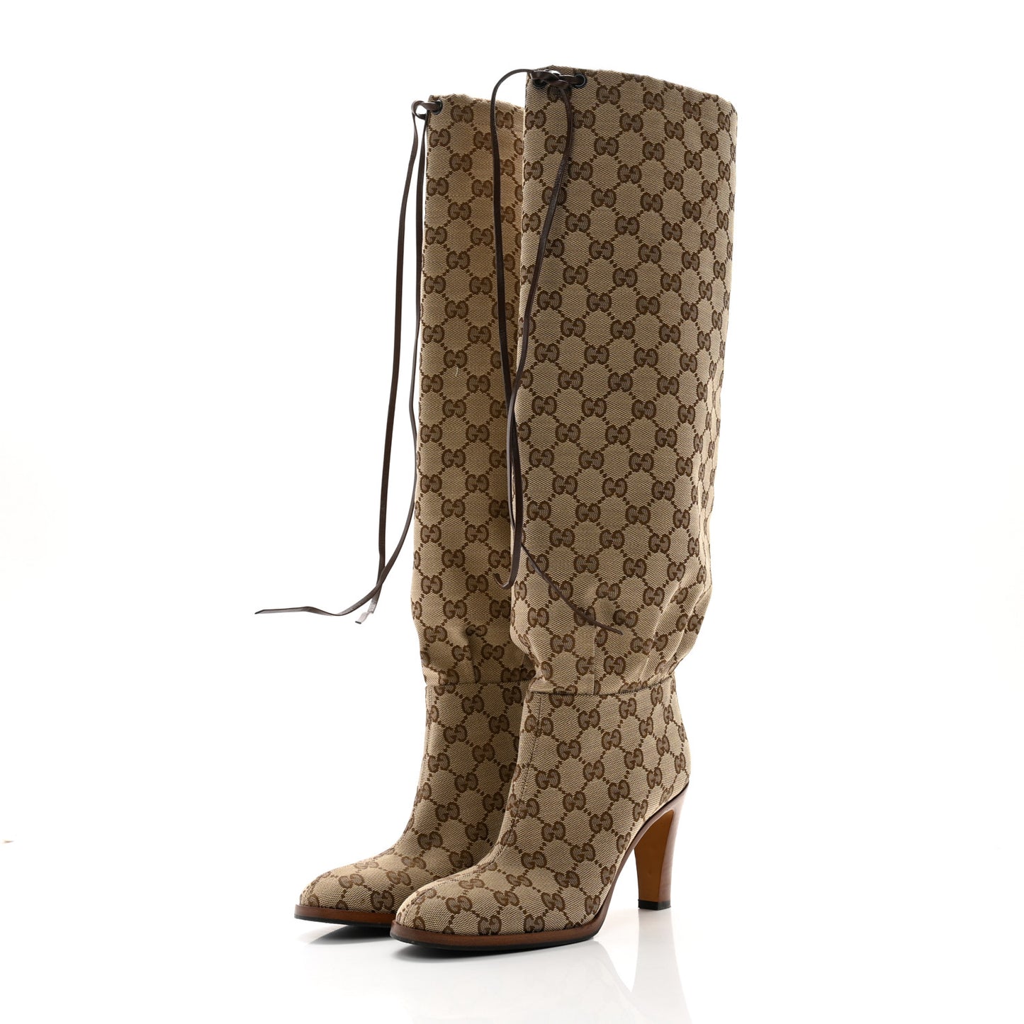 Monogram Malaga Kid Lisa Mid Heel Boots 37.5 Beige Ebony