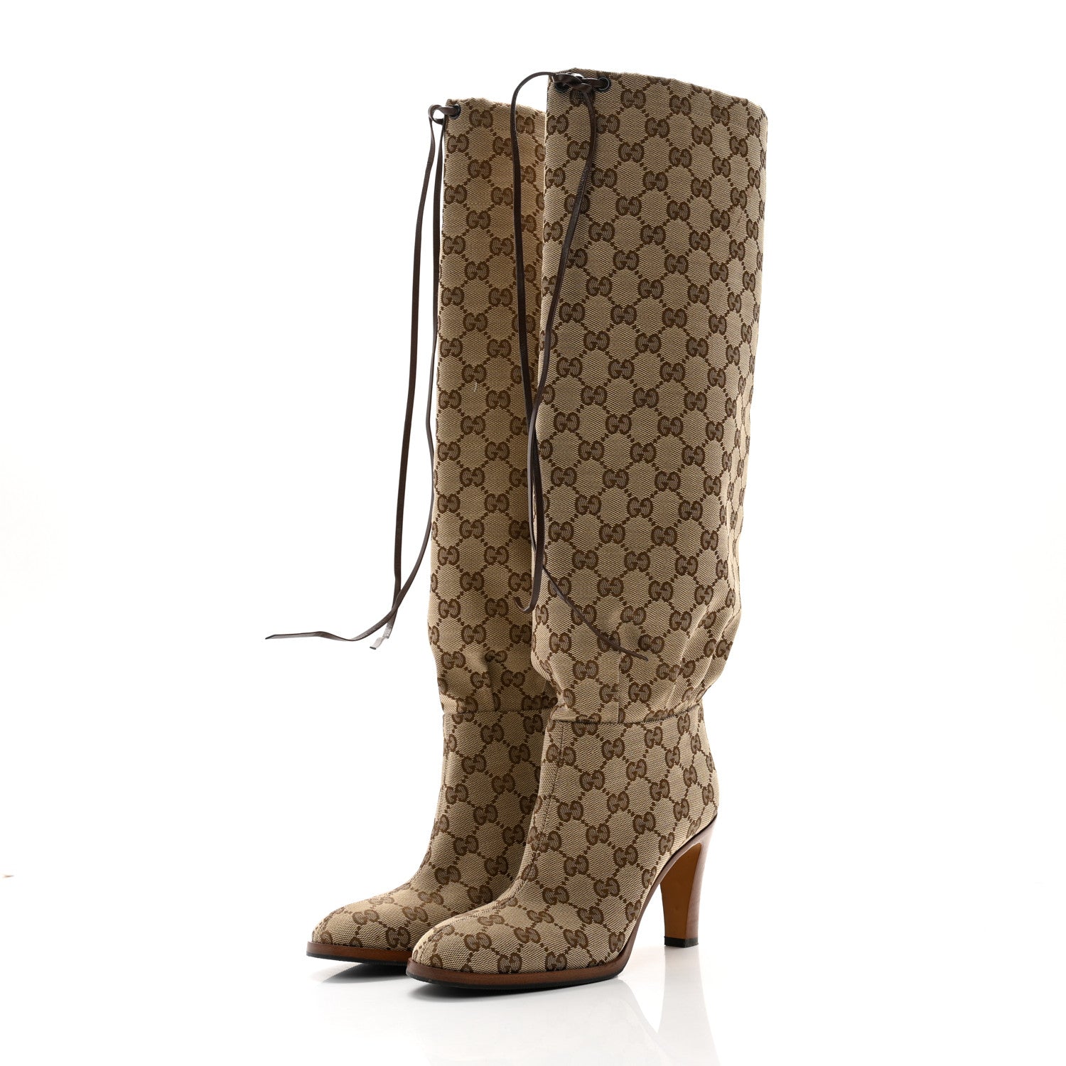 Gucci Monogram Malaga Kid Lisa Mid Heel Boots 37.5 Beige Ebony 3 of 10