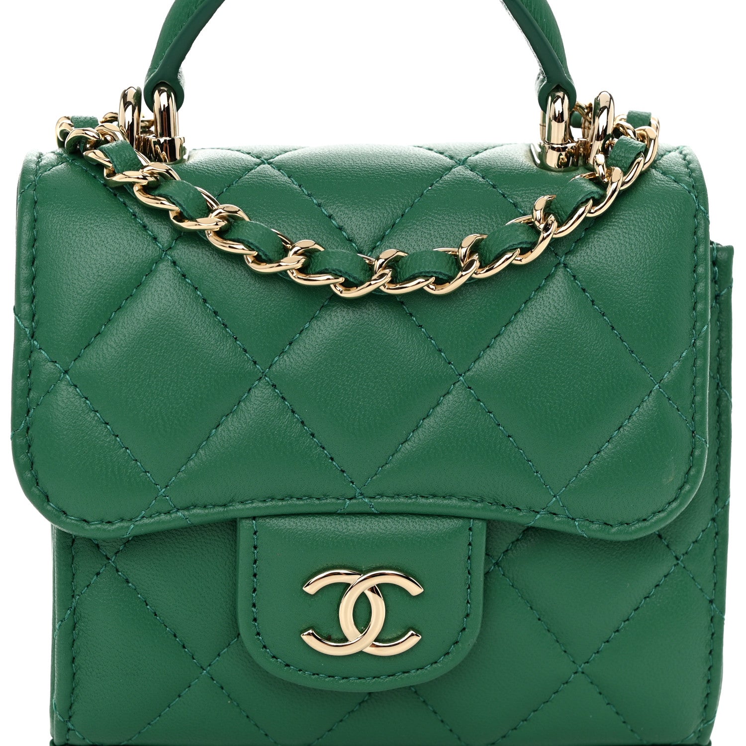 Chanel Lambskin Quilted Top Handle Flap Clutch With Chain Green 8 of 11