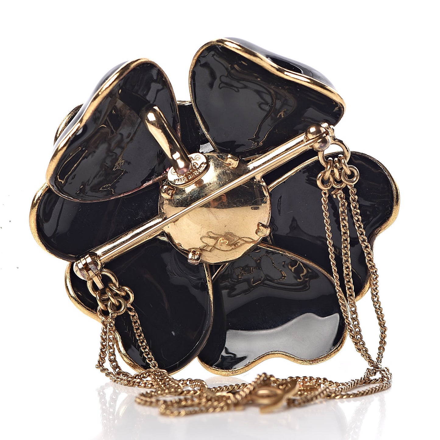 Enamel Chain Camellia Brooch Black