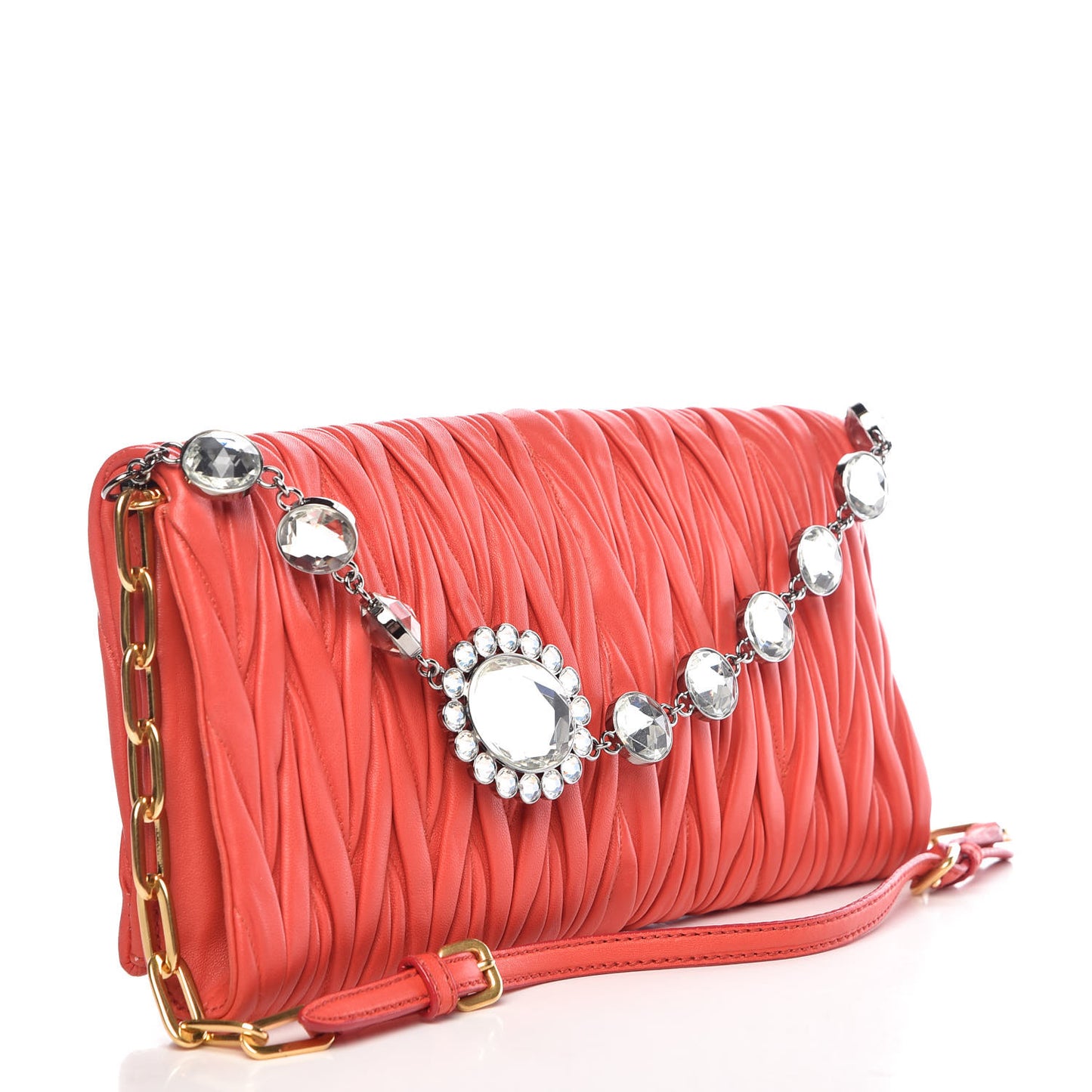 MIU MIU Nappa Matelasse Crystal Flap Clutch Lacca
