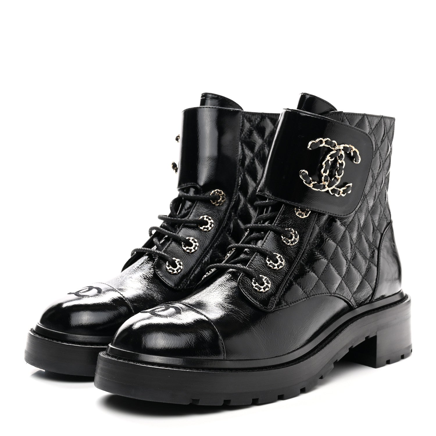 Chanel Shiny Calfskin Quilted Lace Up Combat Boots 41 Black 3 of 10