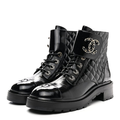 Chanel Shiny Calfskin Quilted Lace Up Combat Boots 41 Black 3 of 10