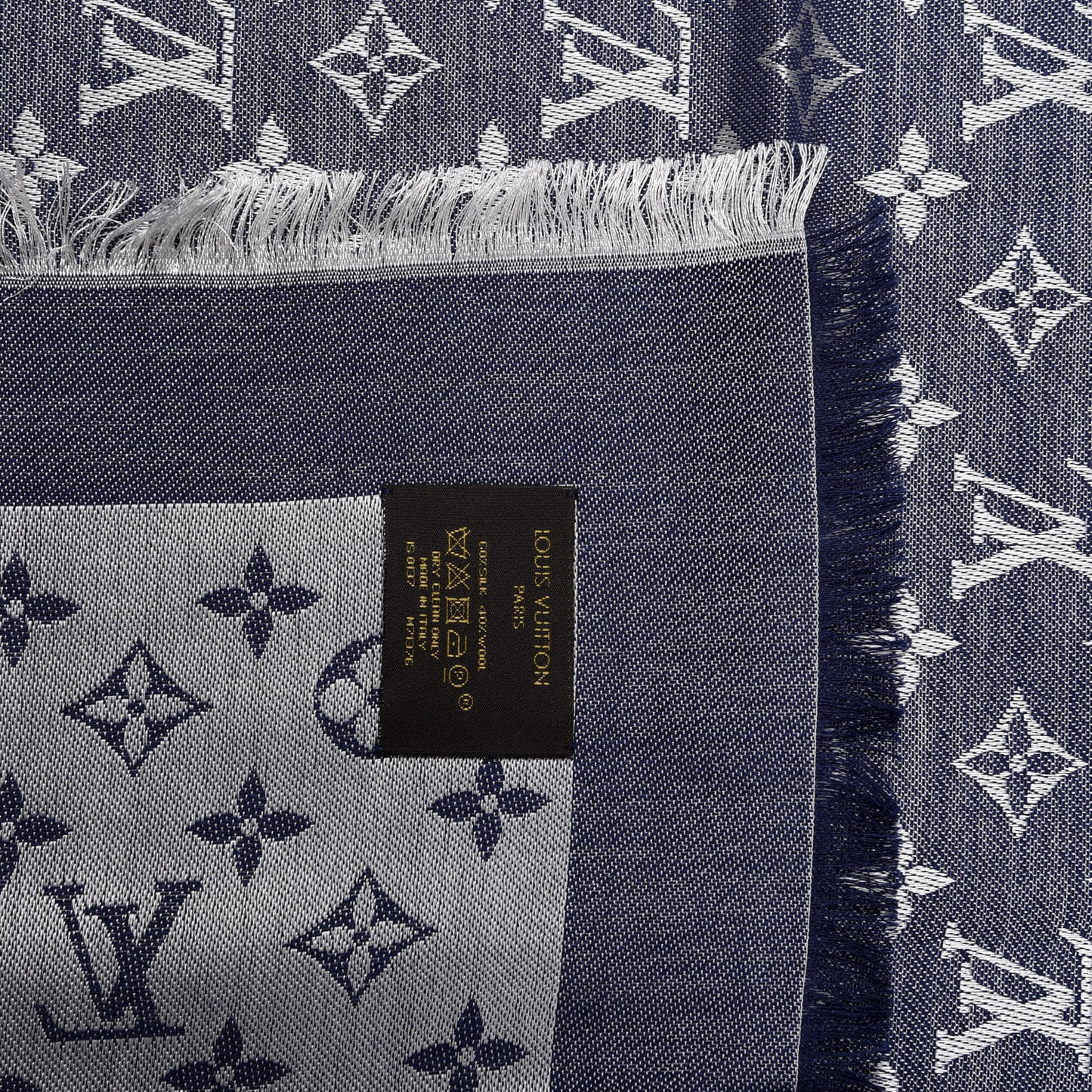 Wool Silk Monogram Denim Shawl Blue
