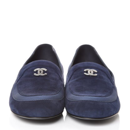 Chanel Kid Suede Grosgrain Moccasin Loafers 36.5 Navy 2 of 9