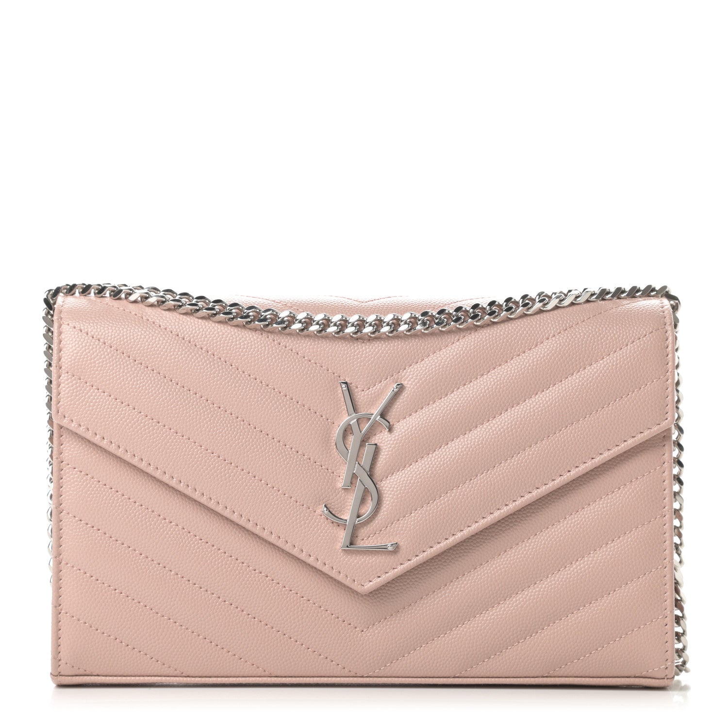 Saint Laurent Grain De Poudre Matelasse Chevron Monogram Chain Wallet Pale Pink 1 of 10