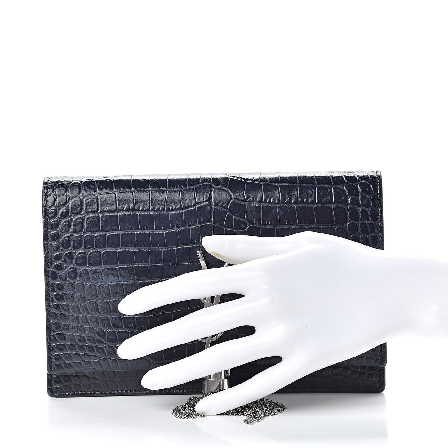 Calfskin Crocodile Embossed Kate Monogram Tassel Chain Wallet Deep Marine