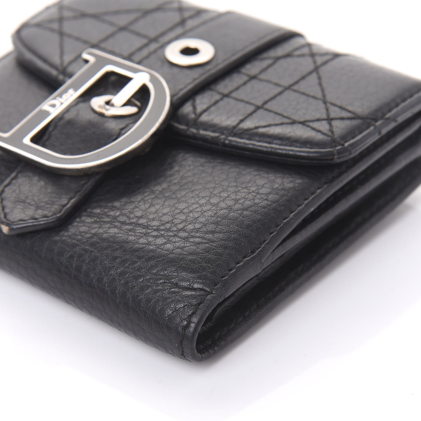 Grained Calfskin Cannage D Flap Wallet Black