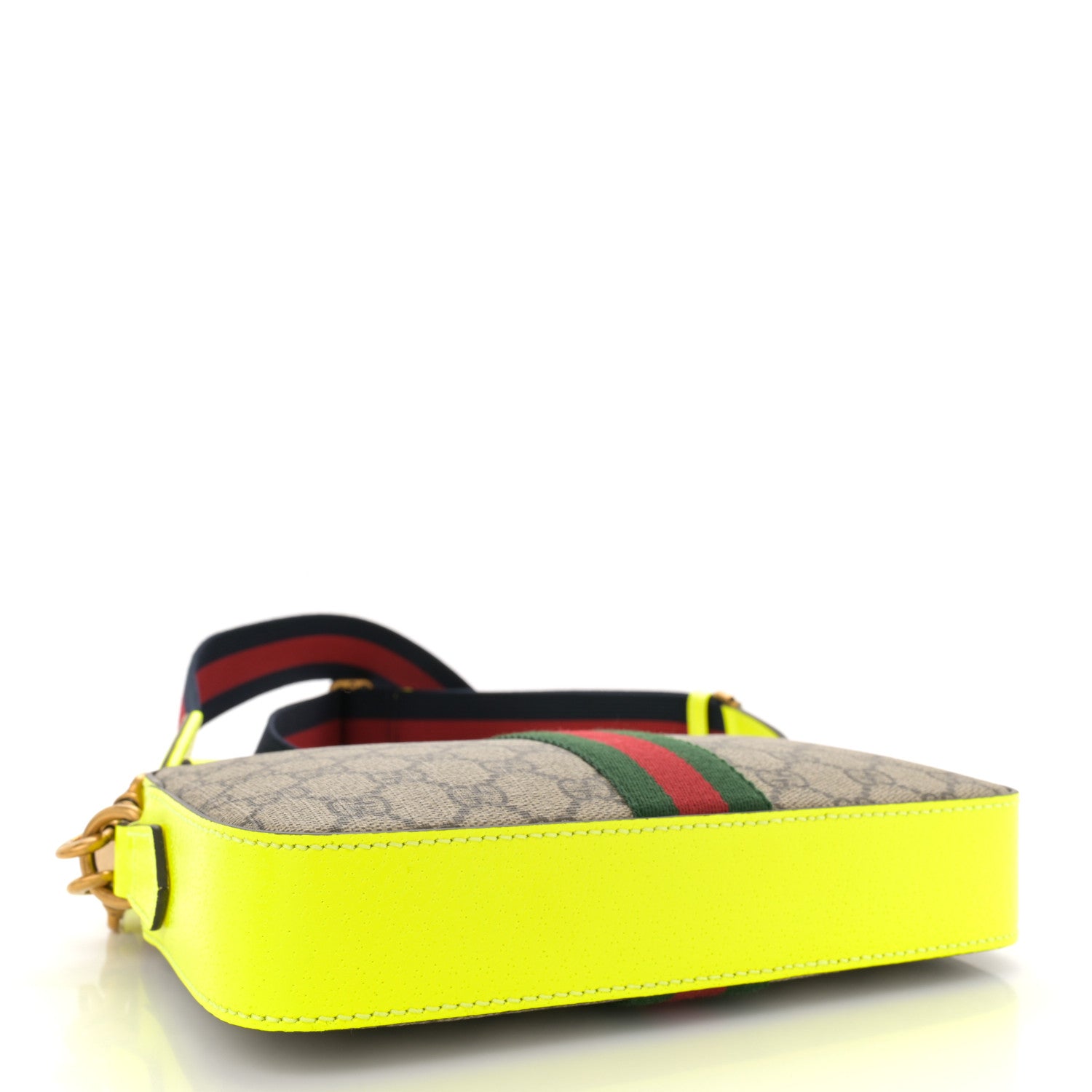 Gucci GG Supreme Monogram Textured Dollar Calfskin Web Ophidia Wristlet Shoulder Bag Beige Ebony Fluo Yellow 4 of 10