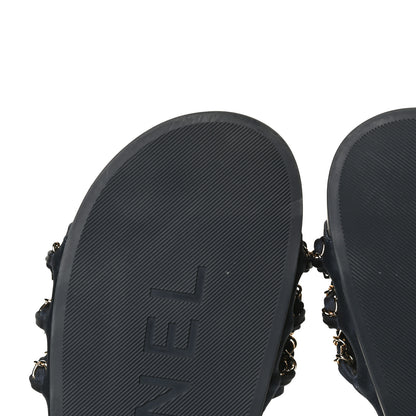 Chanel Satin Canvas Chain Slides Sandals Flats 40 Marine 9 of 13
