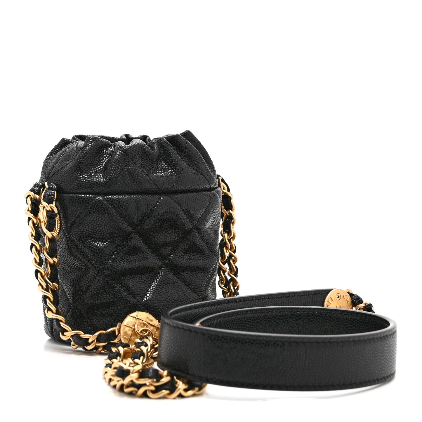 Caviar Quilted Twist Your Buttons Mini Bucket Bag Black