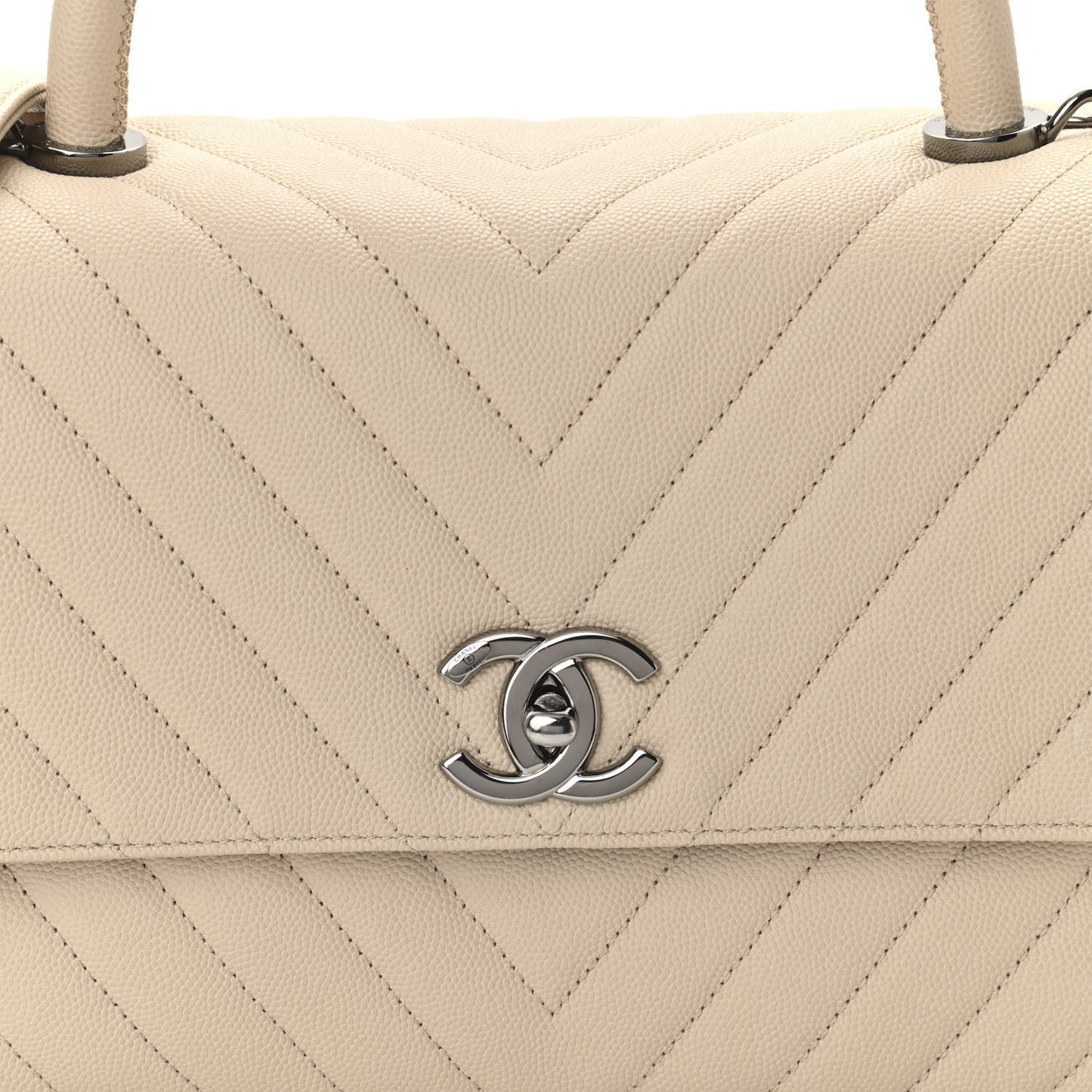 Caviar Chevron Quilted Small Coco Handle Flap Beige