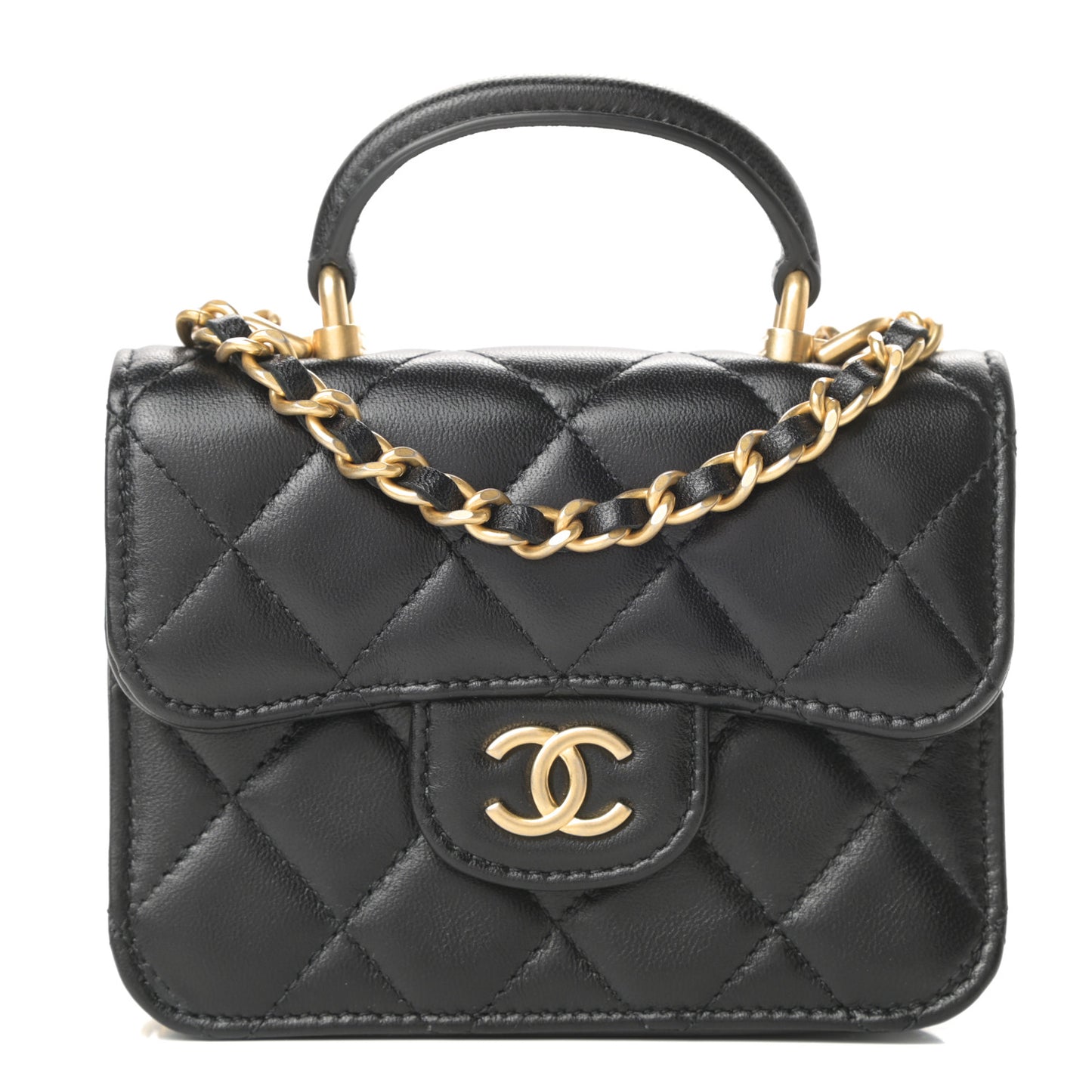Lambskin Quilted Top Handle Flap Coin Purse With Chain Black