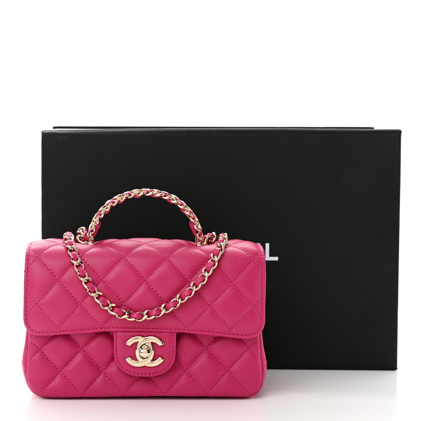 Lambskin Quilted Mini Crystal Top Handle Rectangular Flap Dark Pink