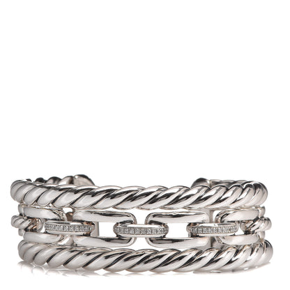 David Yurman Sterling Silver Diamond Wellesley Link Three-Row Cuff Bracelet 1 of 4