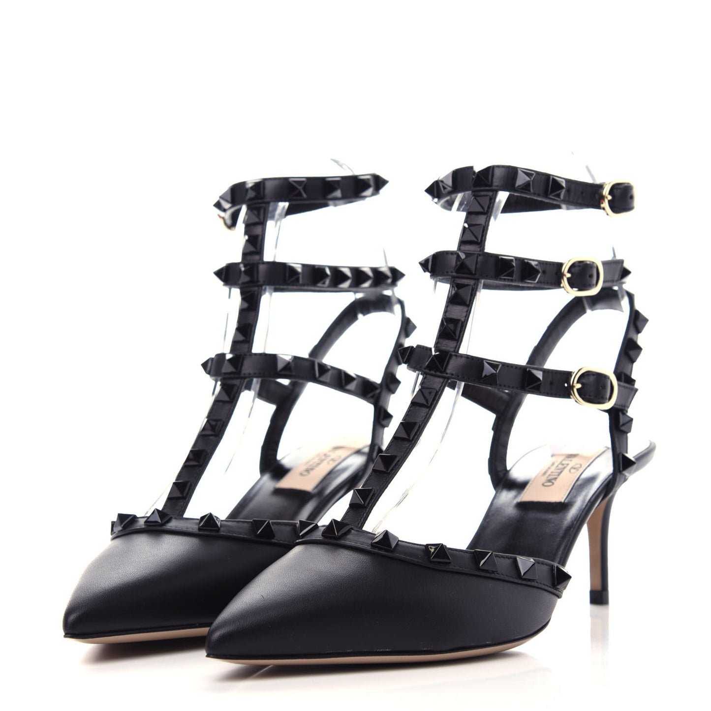 Nappa Rockstud Ankle Strap Low Heel Pumps 36.5 Black