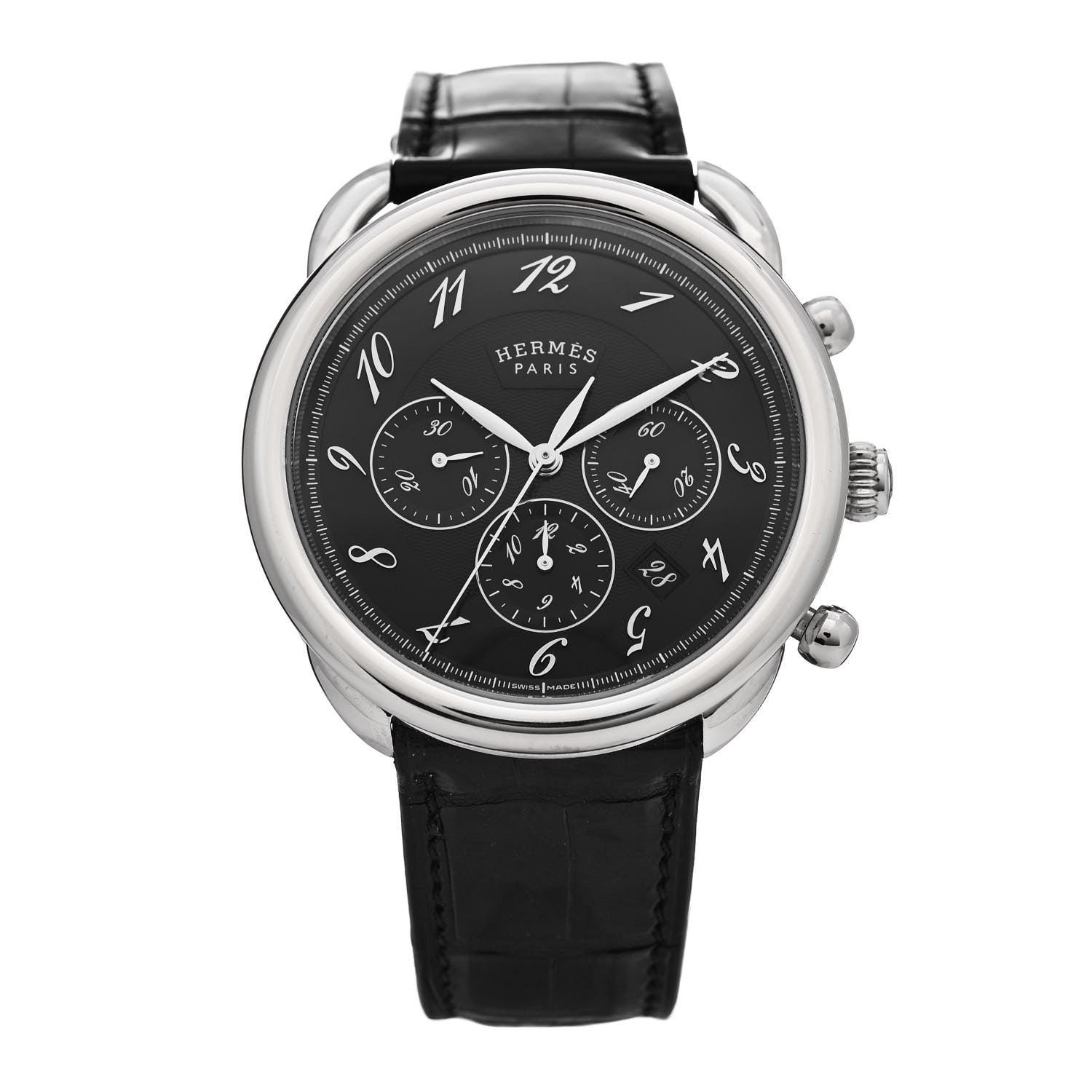 Hermes Stainless Steel Alligator 43mm Arceau Chronograph Automatic Watch Noir 1 of 5