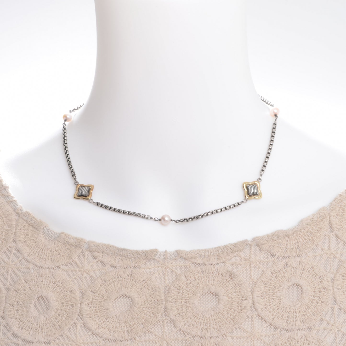 Pearl Sterling Silver and 18k Gold Quatrefoil Necklace
