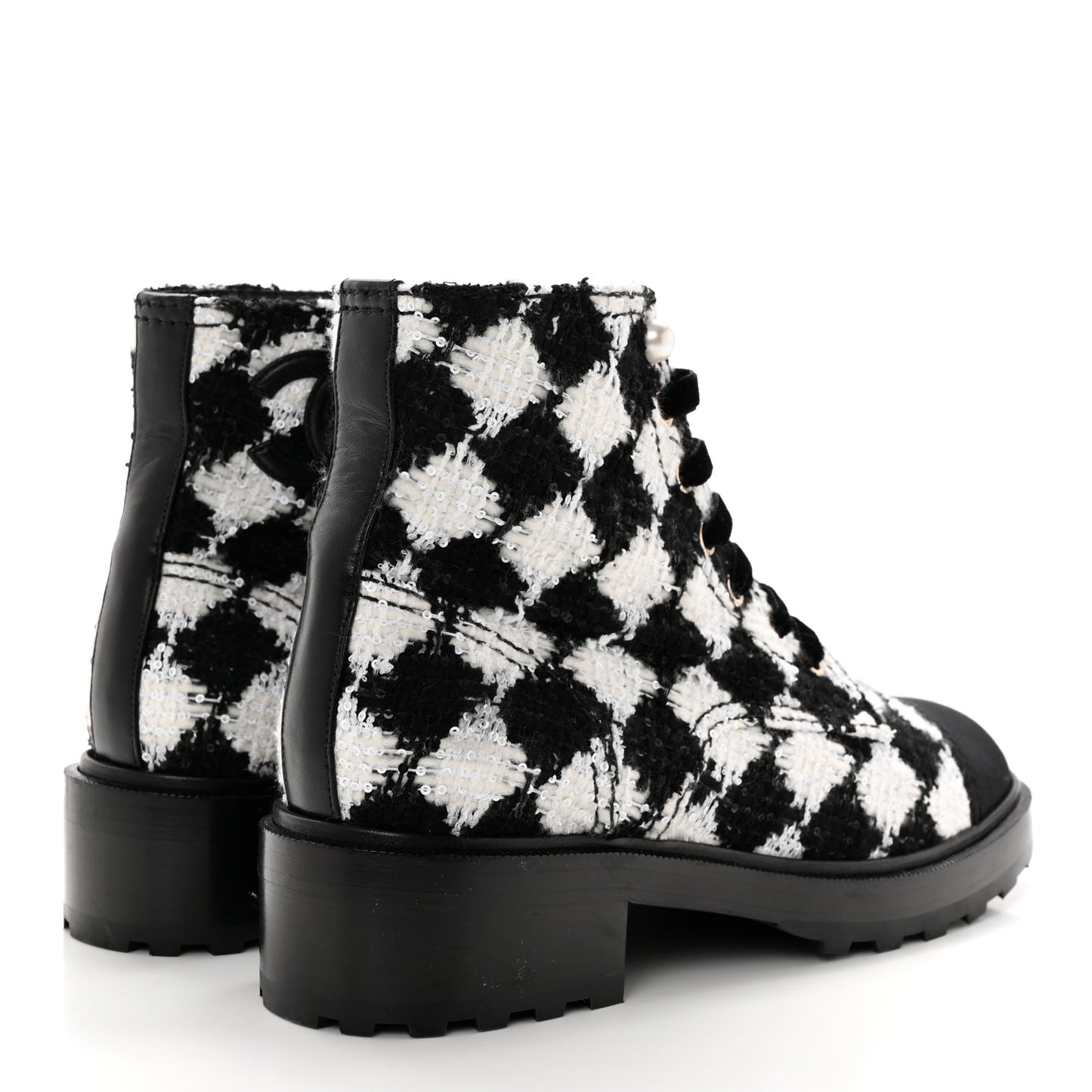 Tweed Grosgrain Pearl Combat Short Boots 40.5 White Black