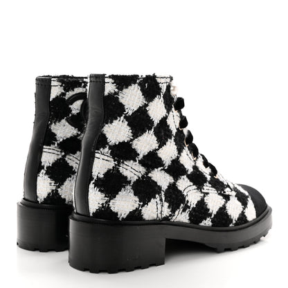 Chanel Tweed Grosgrain Pearl Combat Short Boots 40.5 White Black 4 of 13